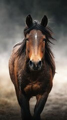 Obraz premium Majestic horse running through dust with flowing mane in an outdoor setting at sunset