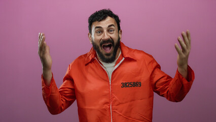 Hispanic man wearing orange prison jumpsuit with number, expressing emotions against a pink...