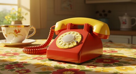 Retro Rotary Phone and Tea Cup on Table with Floral Pattern