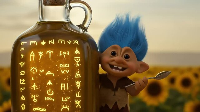 Blue troll holding spoon by a large jar of oil with symbols