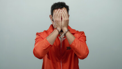 Hispanic man in orange prison jumpsuit with handcuffs covers face against grey background,...