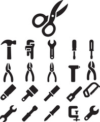 Silhouette Icons of Scissors and Various Hand Tools for DIY and Construction