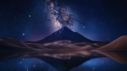 A majestic mountain towers above a tranquil lake, with smooth dunes in the background and the Milky Way illuminating the night sky