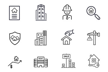 Real estate line vector icons set. Icons related to house, kitchen, bedroom, bathroom realty, property, mortgage, home loan. Vector illustration