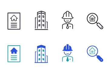 Real estate solid line vector icons set. Icons related to house, kitchen, bedroom, bathroom realty, property, mortgage, home loan. Vector illustration