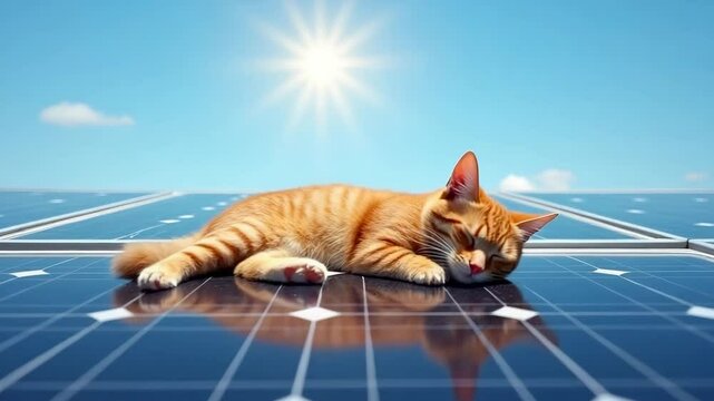 Orange cat sleeping on solar panels under bright sun  