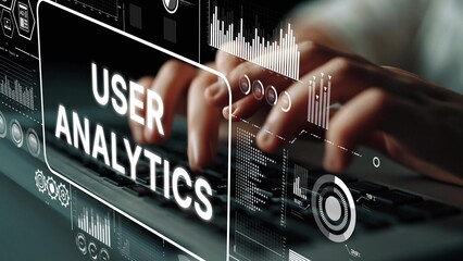 Person Engaging with User Analytics and Data Visualization on Computer Keyboard in Modern Workplace Setting. Asymptotic smart data analytic.