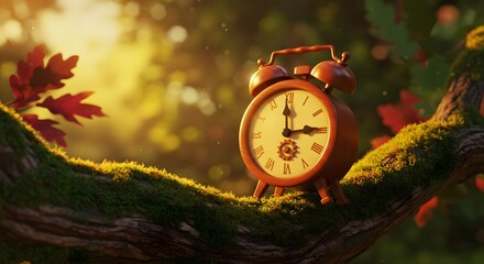Alarm Clock Resting on Mossy Tree Branch in Forest Sunlight