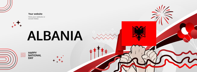 Albania Independence Day modern greeting banner. 28 November Happy National Day. Festive horizontal background with flag colors, great for carnival poster, tourism campaign, holidays flash sale