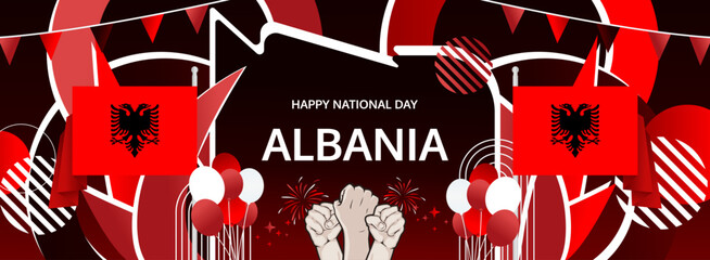 Albania Independence Day modern greeting banner. 28 November Happy National Day. Festive horizontal background with flag colors, great for carnival poster, tourism campaign, holidays flash sale