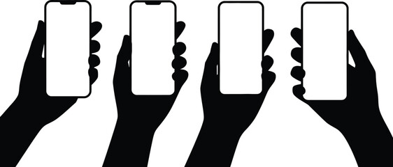 Four black hands holding smartphones with blank white screens against a white background in a row