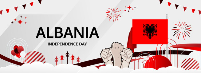 Albania Independence Day modern greeting banner. 28 November Happy National Day. Festive horizontal background with flag colors, great for carnival poster, tourism campaign, holidays flash sale