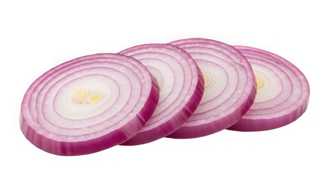 Close up of four sliced red onion rings arranged on a transparent  background view