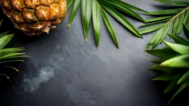 Ripe pineapples and tropical palm leaves adorn a textured dark gray backdrop, creating a fresh and natural arrangement with empty copy space