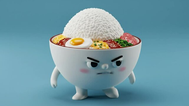 Angry rice bowl character with egg and vegetables