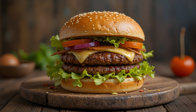 A large hamburger with lettuce and tomato on top. The bun is toasted, and the burger is topped with cheese and bacon