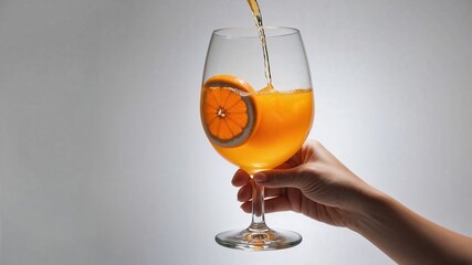 Refreshing Orange Juice Pouring into a Clear Glass Held by a Hand on a White Background