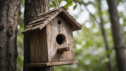 Rustic Wooden Birdhouse Perched on a Tree Branch in a Vibrant Garden Environment