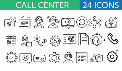 Set of twenty four call center icons representing customer service and support concepts