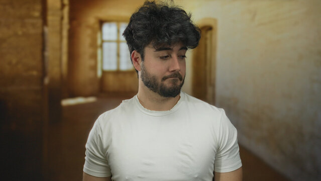 Young hispanic man with beard showing skepticism outside old university building with blurred background.