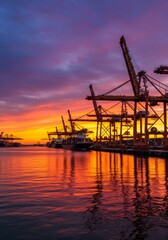 Obraz premium Sunset at the Cargo Port - Vibrant sunset over a bustling cargo port, symbolizing global trade, industrial strength, logistical efficiency, international commerce, and economic growth