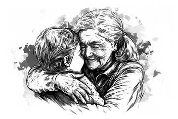 Sketch engraving of a joyful grandmother hugging her granddaughter. A warm, emotional family moment, isolated on a transparent or white background.