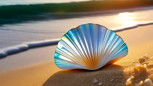 A close-up of a beautiful seashell on a sandy beach. The shell has a shiny, iridescent surface reflecting sunlight. Gentle waves are visible in the background.