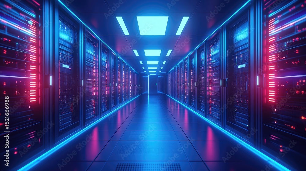 Leinwandbilder futuristic data center hallway with glowing magenta and blue server racks and bright ceiling lights,