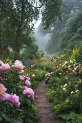Obraz premium Serene Garden Path Lined With Blooming Roses in Morning Mist.