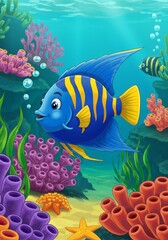 Fototapeta premium Underwater Friends: A Colorful Ocean Adventure - Vibrant cartoon fish explore a coral reef, symbolizing friendship, marine life, underwater beauty, childhood wonder, and ocean conservation
