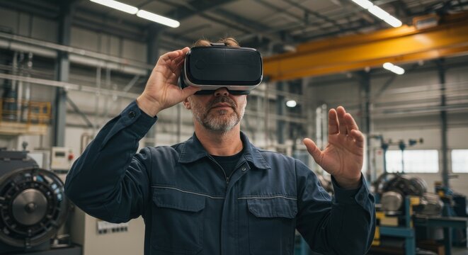 Virtual Reality Training in Industrial Setting - A male worker uses a VR headset for training in a factory setting. He appears focused and engaged with the virtual environment