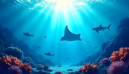 Fototapeta premium Underwater Ocean Scene with Coral and Marine Life