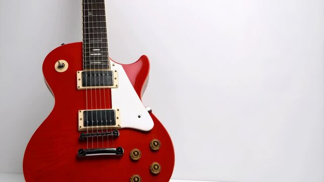 Red electric guitar with white pickguard against a bright neutral background creates a modern studio shot for music product promotion