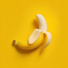 A peeled banana on a yellow background.  A single, ripe banana, partially peeled, rests centrally against a vibrant yellow backdrop. The peel is artfully separated, showcasing the banana's interior