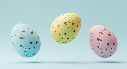 Pastel speckled easter eggs floating on blue