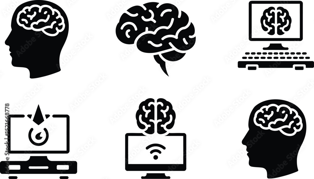 Poster a collection of black and white icons featuring brains and computers representing artificial intelli