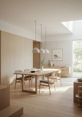 Fototapeta premium Bright Minimalist Dining Room with Light Wood Accents - Modern, serene dining space. Light wood table and chairs, subtle wooden wall accents, minimalist design, natural light. Symbolizes simplicity