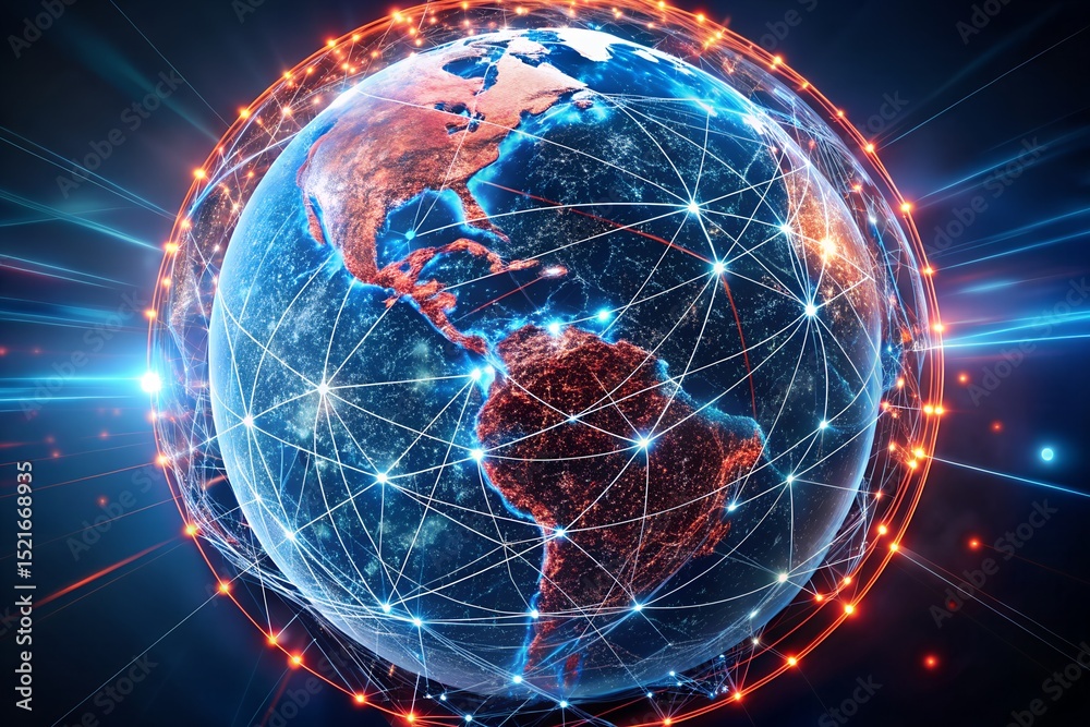 Wall mural 3d digital earth globe with nmap scan network visualization – 8k render