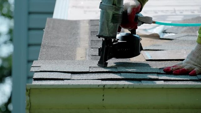 Roofers nailing a new roof shingles on an house. Element of roof renovation