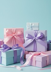Elegant Gift Boxes with Pastel Ribbons - Pastel-colored gift boxes tied with elegant ribbons, symbolizing celebration, love, joy, appreciation, and gifting
