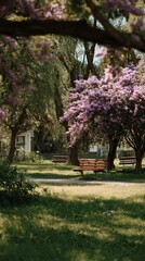 Fototapeta premium Blooming Lilac Trees Provide a Serene Park Setting With a Bench for Relaxation During Sunny Days.