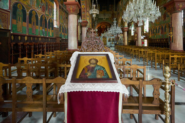 Icon of Christ inside Greek church Rich religious iconography in Rhodes temple