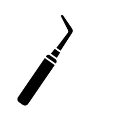 Dental instrument, black silhouette, curved tip, precision tool, for oral hygiene.  Sharp dental tool, ideal for removing plaque or debris.