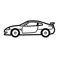 Naklejka premium Stylish sports car side view illustration. Detailed coupe design with spoiler and large wheels. Simple line art perfect for automotive brochures or dental clinic marketing materials.