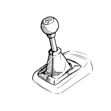 Detailed gearshift knob sketch. Gear stick illustration shows classic car part.  This automotive component image is perfect for car repair manuals, car parts catalogs, and auto accessory websites.