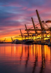 Obraz premium Golden Hour at the Container Port - Cargo ships and cranes at sunset, reflecting in calm water. Vibrant colors and tranquil scene