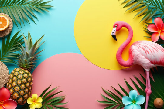Set of cute summer icons: palm leaves, fruits and flamingo. Bright summertime poster. Travel background. AI - Powered by Adobe
