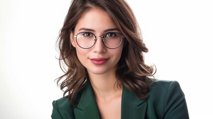 perfectly composed portrait of a businesswoman wearing glasses and a sleek green suit 