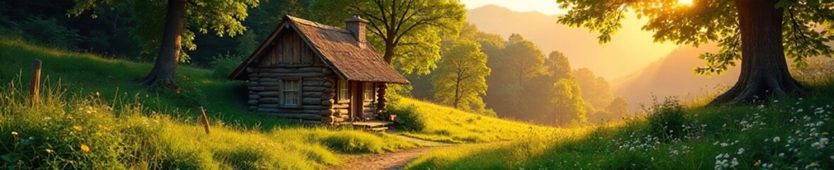 Fototapeta premium A charming, rustic hut nestled amongst lush greenery, bathed in the warm glow of golden sunlight The idyllic scene showcases intricate details and natural beauty , remote, idyllic