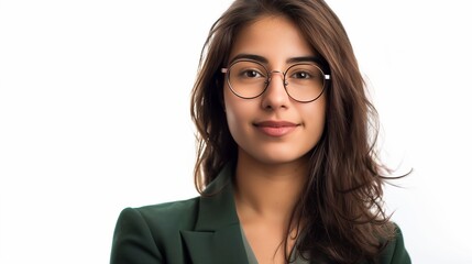 perfectly composed portrait of a businesswoman wearing glasses and a sleek green suit 